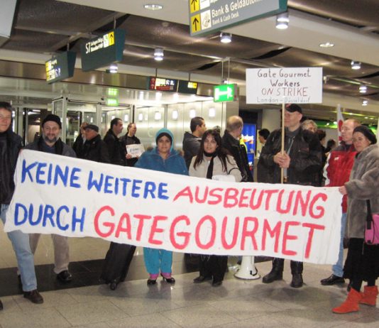 Two Gate Gourmet  locked-out workers from London’s Heathrow airport were given a warm reception at Dusseldorf airport on Wednesday when they visited striking local Gate Gourmet workers