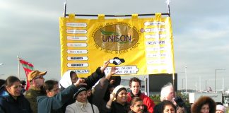 Gate Gourmet locked-out workers at their last mass picket at Heathrow, supported by Hounslow UNISON members