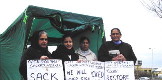 Gate Gourmet locked-out workers on the picket line at Heathrow yesterday