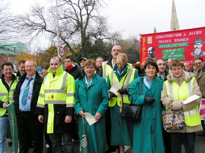 Aer Lingus stewards on the 100,000-strong demonstration in Dublin during the General Strike on December 9 last year in support of the Irish Ferries occupation