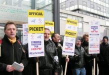 A strong picket line at the London College of Communication yesterday morning