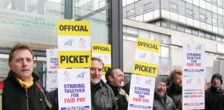 A strong picket line at the London College of Communication yesterday morning