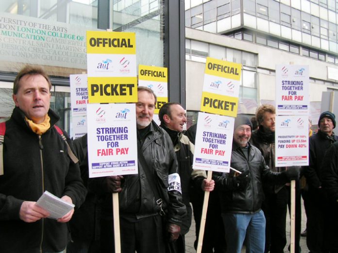 A strong picket line at the London College of Communication yesterday morning