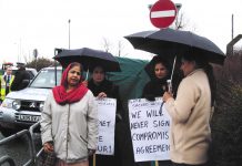 Gate Gourmet locked-out workers picketing the factory yesterday – threatened with arrest by Heathrow Airport police