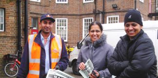 Gate Gourmet locked-out workers PARMJEET SIDHU and KULDEEP HOTHI (right) win support for their demonstration at Southall Royal Mail sorting office