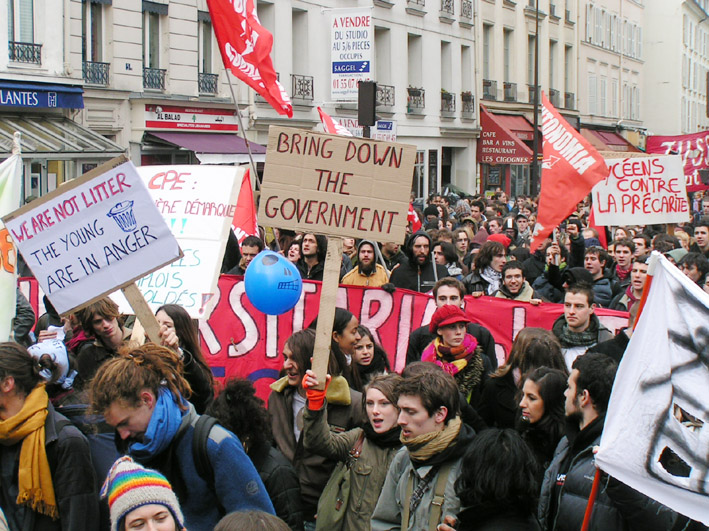A section of yesterday’s mass demonstration of student and school youth marching to demand that either the CPE first job contract must go or the government will be brought down