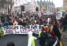 The front of Saturday’s  50,000-strong ‘Troops Home from Iraq – No war on Iran’ demonstration in London  leaving Parliament Square