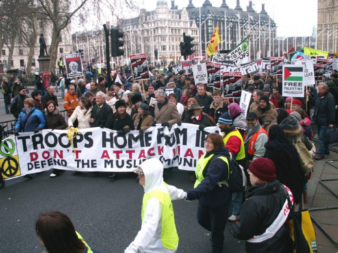 The front of Saturday’s  50,000-strong ‘Troops Home from Iraq – No war on Iran’ demonstration in London  leaving Parliament Square