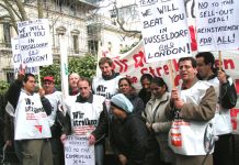 Gate Gourmet workers from Dusseldorf and Heathrow  join together to protest outside Texas Pacific offices – the parent company acific