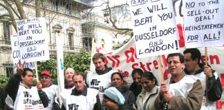 Gate Gourmet workers from Dusseldorf and Heathrow  join together to protest outside Texas Pacific offices – the parent company acific