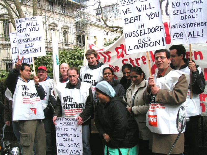 Gate Gourmet workers from Dusseldorf and Heathrow  join together to protest outside Texas Pacific offices – the parent company acific