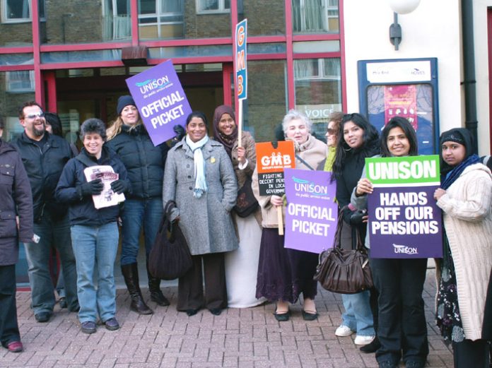 Enthusiastic picket line at the Southern Grove Depot in Tower Hamlets