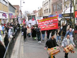Locked-out Gate Gourmet workers at Heathrow were joined by striking Gate Gourmet workers from Dusseldorf on their march through Hounslow on March 25