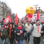 Members of the CGT, France’s largest trade union federation, arrive at Place d’Italie at the end of Tuesday’s demonstration