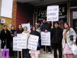 Gate Gourmet sacked workers picketing T&GWU Hillingdon office where the shop stewards were meeting yesteday