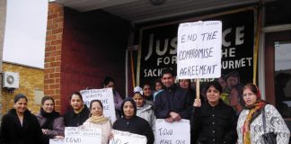 Gate Gourmet sacked workers picketing T&GWU Hillingdon office where the shop stewards were meeting yesteday