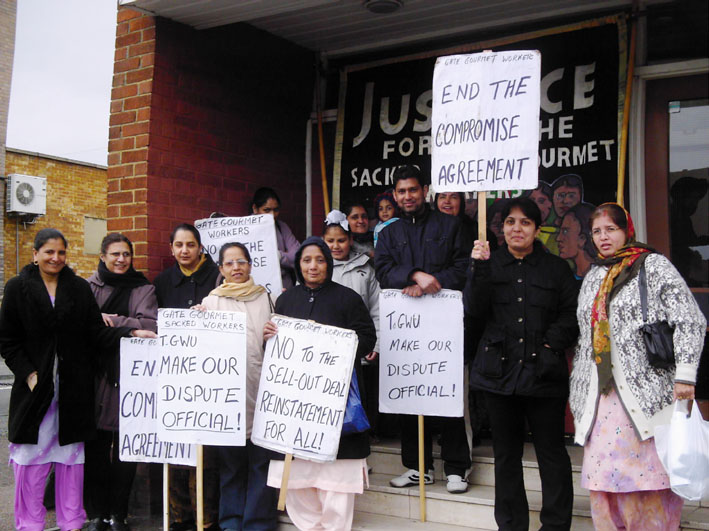 Gate Gourmet sacked workers picketing T&GWU Hillingdon office where the shop stewards were meeting yesteday