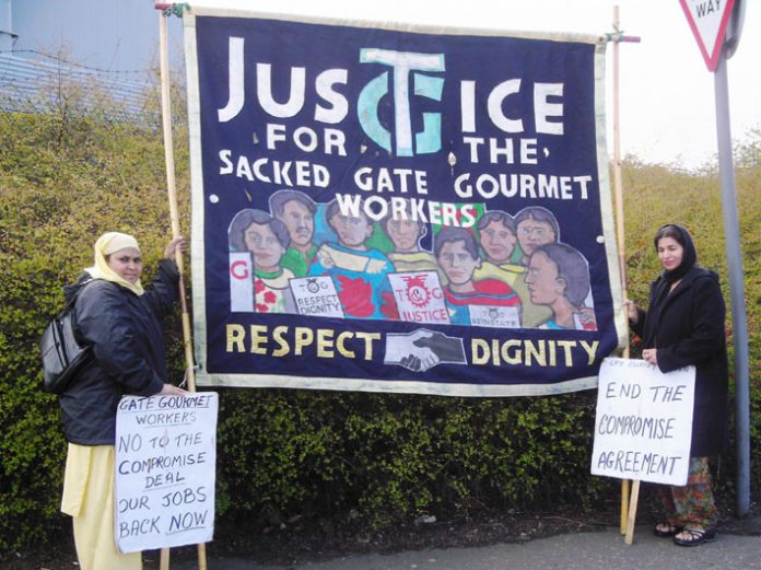Gate Gourmet locked-out workers picketing the factory at Heathrow yesterday