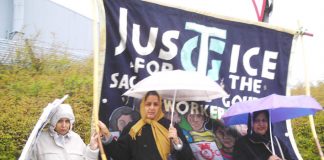 Locked-out Gate Gourmet workers picketing the company at Heathrow yesterday, despite the bad weather and police threats to arrest them