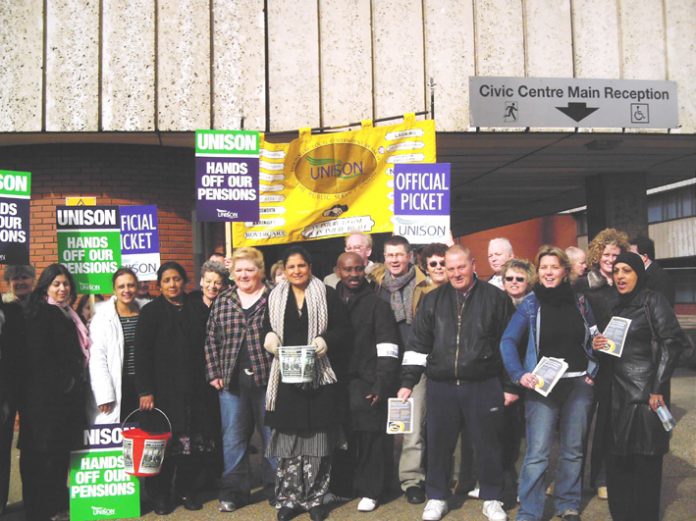 Hounslow UNISON members on the picket line during their successful strike to defend pensions on March 28 – all further actions have now been cancelled