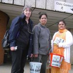 Gate Gourmet locked-out workers PARMJIT BAINS (right) and PARMJEET SIDHU with Hounslow UNISON member MARIE ROWLANDS