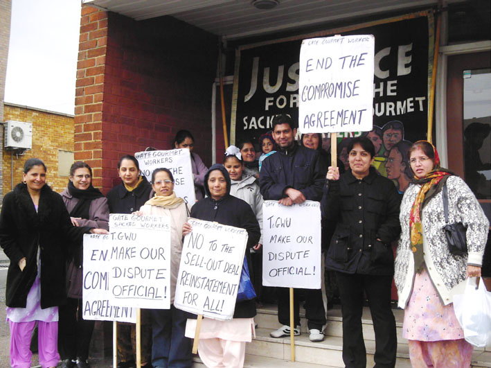 Gate Gourmet locked-out workers at a lobby of the Hillingdon TGWU office earlier this month
