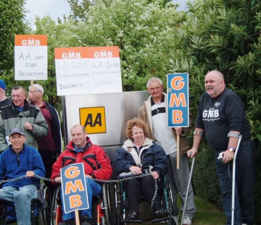 Far from being a friendly ‘4th emergency service’ the GMB states the AA has introduced an ‘oppressive work regime’ and has picketed AA centres like Cheadle to defend sacked disabled members