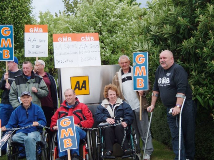 Far from being a friendly ‘4th emergency service’ the GMB states the AA has introduced an ‘oppressive work regime’ and has picketed AA centres like Cheadle to defend sacked disabled members