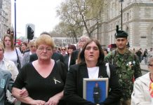 ROSE GENTLE (centre, right) leading the group from Military Families Against the War to the Cenotaph