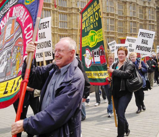 Rail workers lobbying the House of Commons yesterday to defend their pensions