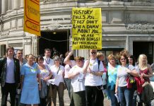 Nurses outside Central Halls on Thursday being reminded about one of the lessons of history