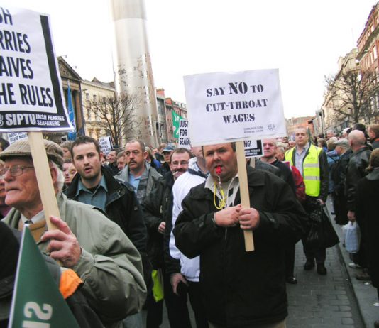 100,000 workers demonstrated in Dublin in support of the Irish Ferries workers’ occupation against cheap labour – now Stena line crews are facing a similar attack