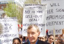 TGWU leader TONY WOODLEY surrounded by locked out Gate Gourmet workers at the May Day demonstration in London