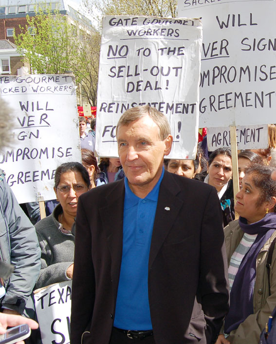 TGWU leader TONY WOODLEY surrounded by locked out Gate Gourmet workers at the May Day demonstration in London