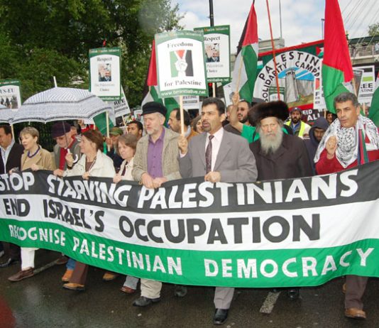 Front banner on the 5,000-strong  Free Palestine demonstration in London on Saturday