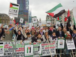 Youth at the front of Saturday’s ‘Stop Starving the Palestinians’ rally in Trafalgar Square following the 5,000-strong march