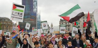 Youth at the front of Saturday’s ‘Stop Starving the Palestinians’ rally in Trafalgar Square following the 5,000-strong march