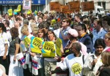 Nurses defending the NHS against bed cuts and hospital closures on May 6 when they lobbied parliament