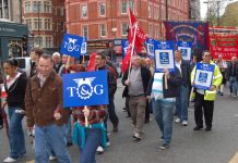 Peugeot workers from Ryton taking part in the May Day march in London