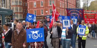 Peugeot workers from Ryton taking part in the May Day march in London