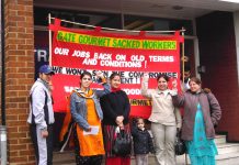 Gate Gourmet locked-out workers picketing TGWU office at Hillingdon yesterday demanding after 10 months that their dispute be made official and that they receive dispute pay