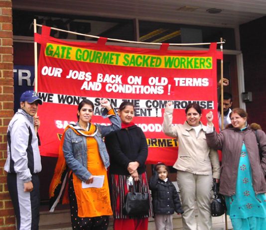 Gate Gourmet locked-out workers picketing TGWU office at Hillingdon yesterday demanding after 10 months that their dispute be made official and that they receive dispute pay