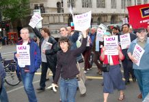 Newly formed University and College Union members on their solidarity march yesterday