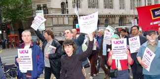 Newly formed University and College Union members on their solidarity march yesterday