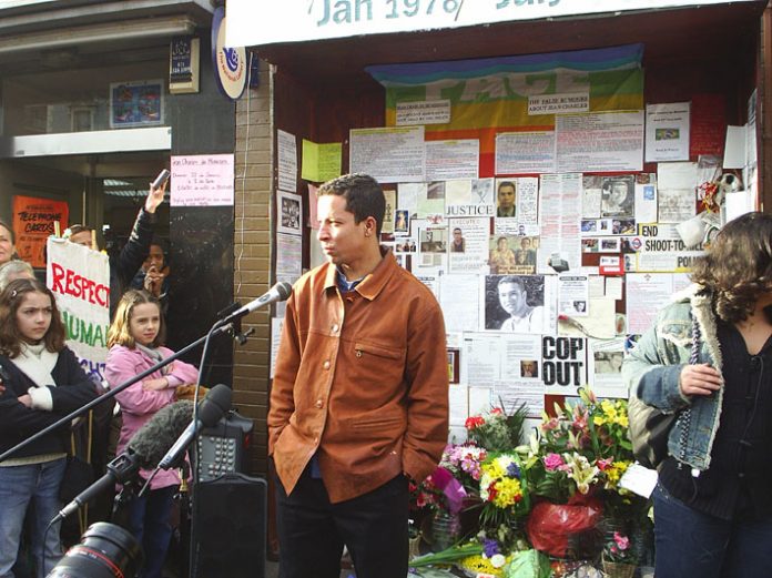 Jean Charles de Menezes’ cousin ALEX PEREIRA addressing a meeting outside Stockwell Tube six months after the murder of Jean  by a police shoot-to-kill squad on July 22 2005