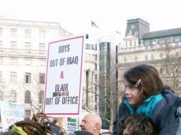A clear message at the Trafalgar Square rally following the March 18 ‘Troops Home from Iraq’ demonstration in London organised by the Military Families Against the War