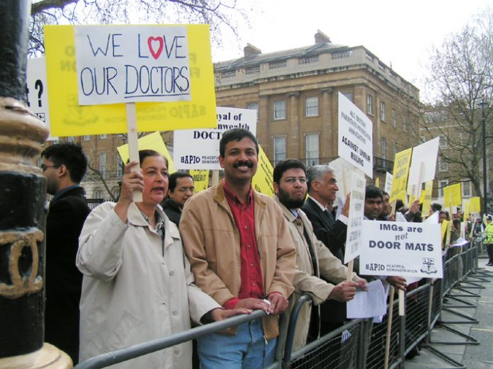 Experienced and skilled overseas doctors demonstrate against Labour’s new ruling which is forcing them out of the NHS