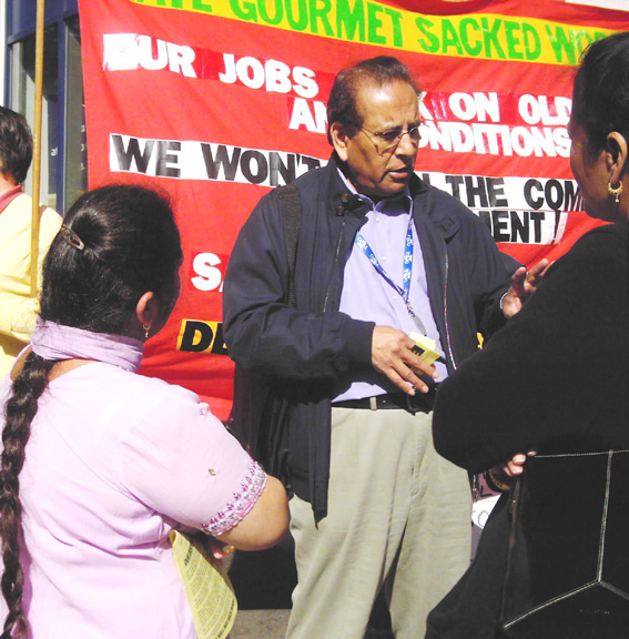 Gate Gourmet locked-out workers speaking to TGWU EC member IGGY VAID who was victimised by the management after BA baggage handlers took unofficial strike action to support the locked-out workers on August 11th & 12th 2005