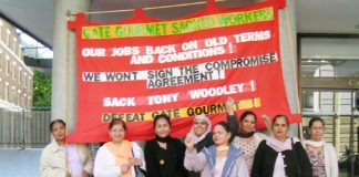 Gate Gourmet locked-out workers with their ‘Sack Tony Woodley’ banner outside the TUC yesterday morning