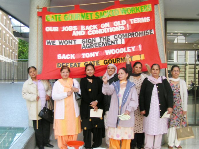 Gate Gourmet locked-out workers with their ‘Sack Tony Woodley’ banner outside the TUC yesterday morning